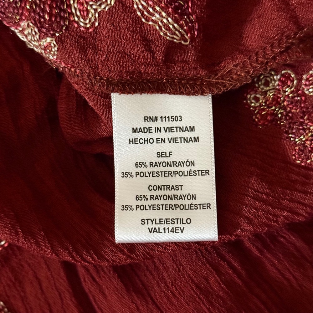 Fig and Flower Embroidered Peasant Blouse XL Burgundy Boho Top - Picture 7 of 8